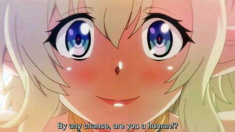 Busty blonde elf with blue eyes blushing in surprise, anime style