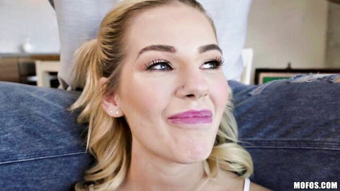Blonde petite Bella Elise Rose POV blowjob on huge white cock