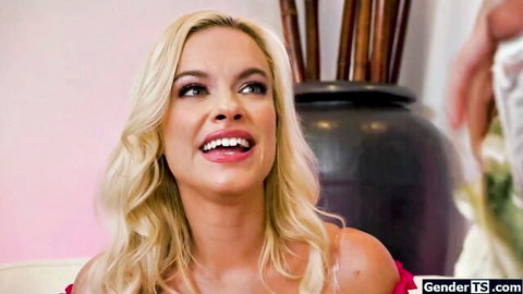 Smiling blonde with cleavage posed with tgirls Leilani Li and Ariel Demure