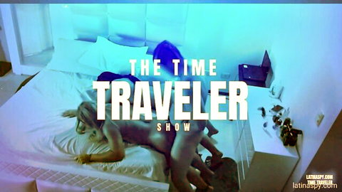 Blonde Latina getting her pussy fucked by partner on neon-lit bed in The Time Traveler Show