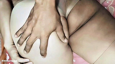 Man's dark hand spreads pale babe's juicy ass cheeks exposing tight pink anus through sheer stockings