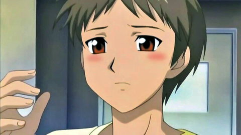 Blushing short-haired anime step sister gazes shyly in intimate scene