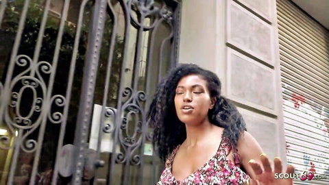 Tina Fire ebony beauty in floral dress outdoor pickup tease