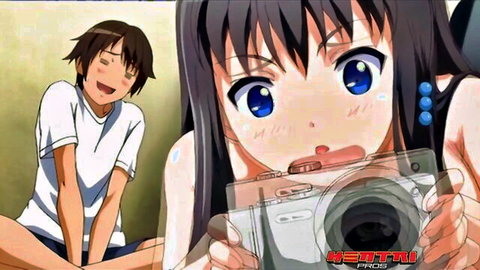 Anime teen girl in blue bikini sticks tongue out taking playful selfie with smiling boy watching