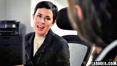 Short-haired secretary smiling with open mouth in sexy black lace blouse office tease