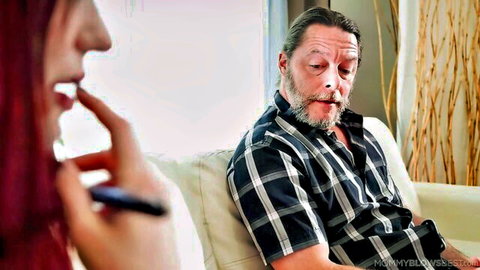 Jessica Ryan redhead MILF teases blowjob on older man
