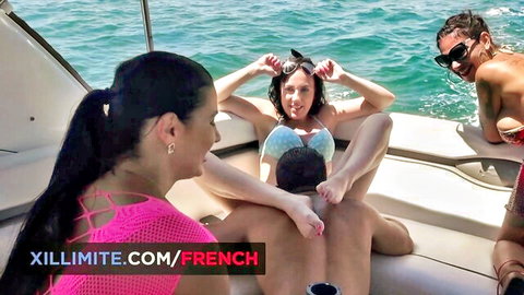 Curvy French brunettes on yacht tease hard cock with bikini squat and topless big tits