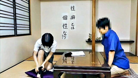 Miku Abeno kneeling submissively in JAV sex counseling scene, foot play tease
