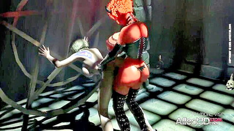 3D futanari red demon dominating bound green alien in bondage