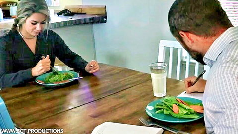 Misty Meaner big tit blonde at dinner table before dungeon punishment