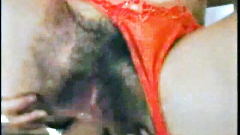 Hairy pussy anal penetration with big cock in red lingerie closeup
