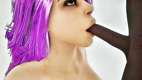 3D purple-haired beauty giving deep blowjob to dark cock