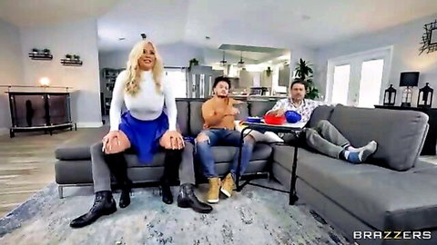 Jenna Love in tight white top, blue skirt, black stockings with two men for threesome