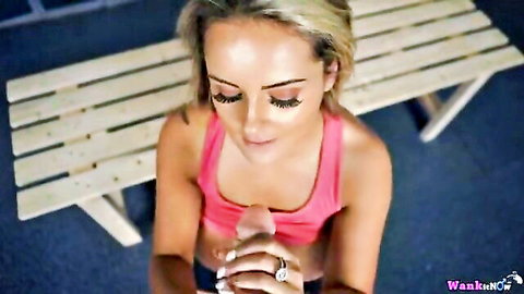 Blonde girl gives POV dildo handjob in tight pink top, urging you to cum