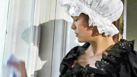 Linet Slag as big-breasted housekeeper in lace maid outfit, ready for BBC anal threesome