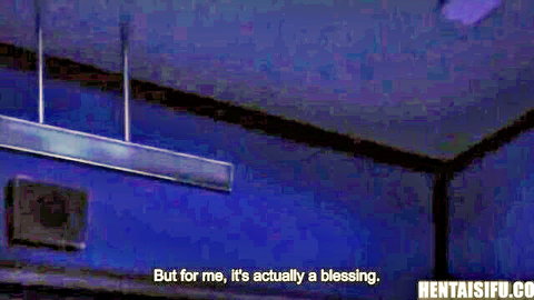 Hentai scene of twisted teacher in blue room, blessing text overlay