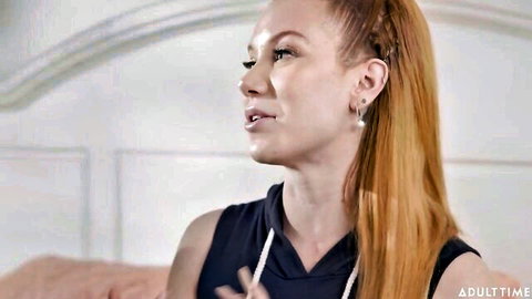 Redhead cougar in black tank top teases for wild threesome sharing
