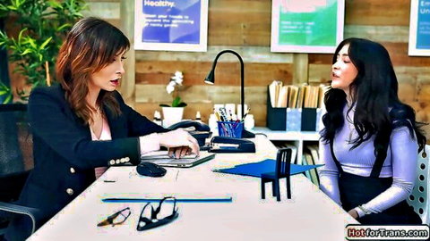 Korra Del Rio as trans HR in office talk with intern, shemale blowjob tease
