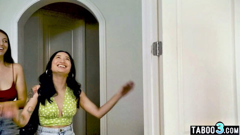 Bella Rolland and hot Asian stepsis in crop tops, teasing for big cock threesome