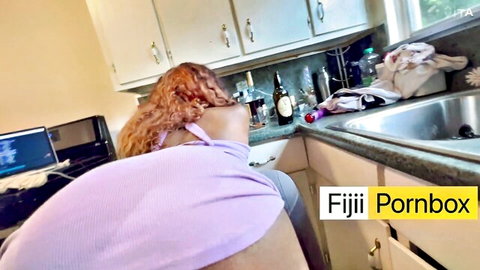 Redhead babe bends over kitchen sink exposing wet gaping pussy and big ass cheeks