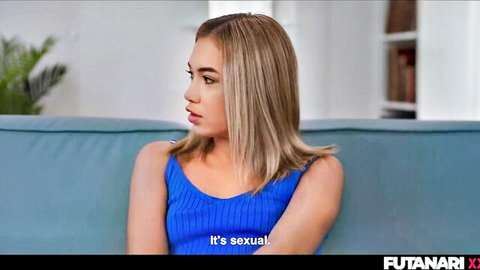 Blonde woman in sexy blue tank top 'It's sexual' from futanari hermaphroditism compilation