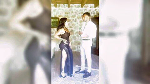 Gorgeous Indian brunette in sexy slit dress with muscular black hunk