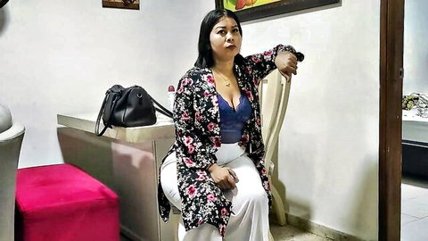 Curvy Latina MILF in floral kimono and white pants posing seductively