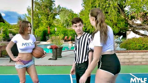 Chanel Preston in sporty threesome poolside with basketball and referee