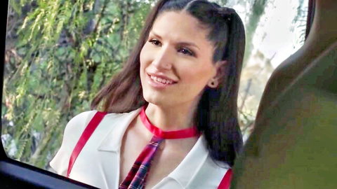Sexy brunette schoolgirl with pigtails smiles teasingly from car window