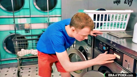 Young redhead guy in shorts loads washer in laundromat for milf blowjob fuck video