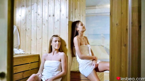 Alexis Crystal and Cindy in steamy sauna towels, lesbian tease