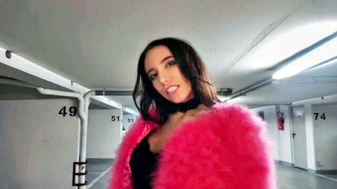 Lola Bulgari seductive pose in pink feather boa and black lingerie in parking