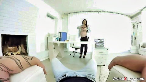 POV of busty pregnant babe lifting blouse exposing huge bare tits in office