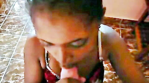 Ebony babe with braids sucking thick white cock in steamy amateur blowjob