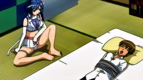 Blue-haired hentai babe with big tits in lingerie teases rope-bound young boy on futon