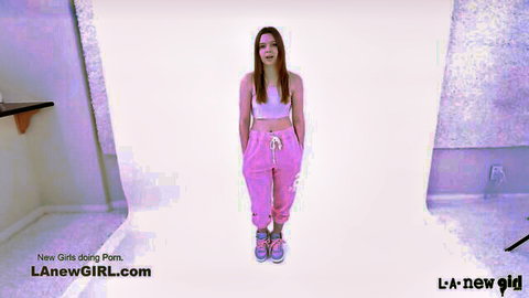Petite 18yo brunette in pink sweats posing seductively
