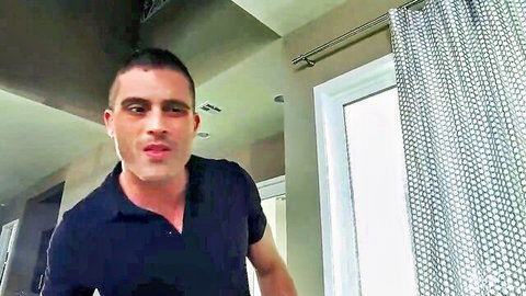 Lance in tight polo shirt, muscular build in bathroom, teasing blindfolded babysitter Miran
