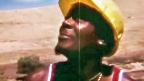 Vintage black construction worker in hard hat, smirking, Diamond Collection 061