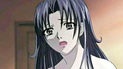 Shocked anime mom with long dark hair in taboo hentai close-up