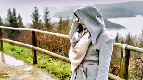 EmmaSecret in gray hoodie and scarf, outdoor misty lake view tease