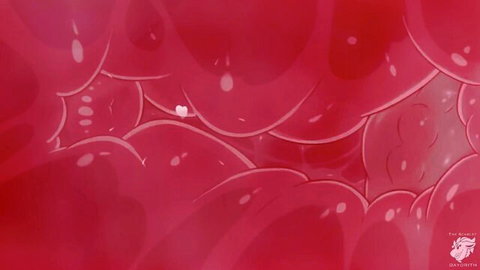 Hentai close-up of cum bubbles oozing from shiny red pussy interior after creampie
