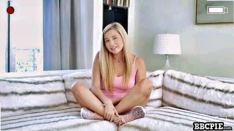 Blonde teen with small tits spreads legs wide on couch in pink top teasing pussy for BBC creampie