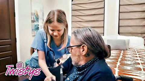 Blonde nurse in scrubs examines older man's chest with stethoscope in sexy medical roleplay