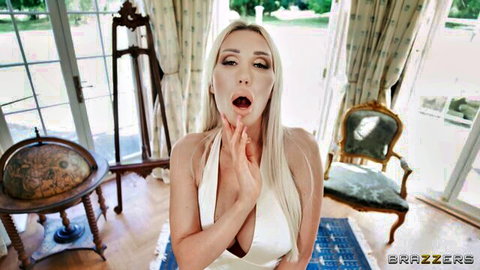 Blonde beauty in white dress teases with open mouth for slow mo blowjob