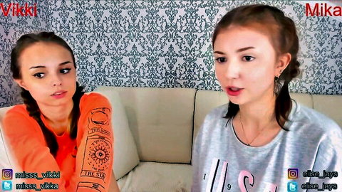 Misss_vikki and Mika in casual lesbian stream, slim teens on couch