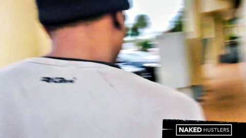 Kim Cruz back view in public outdoor, Naked Hustlers casual t-shirt