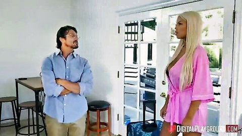 Busty blonde in open pink robe teases clothed man through glass door with deep cleavage