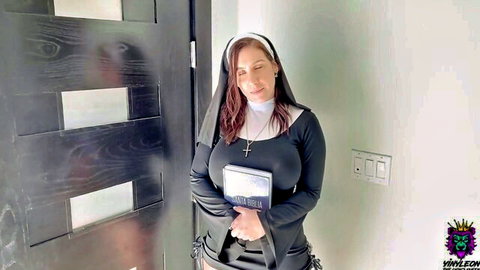 Seductive brunette MILF nun with huge tits holds bible in tight habit roleplay tease