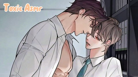 Muscular shirtless gay daddy passionately kissing suited twink neck in office ASMR