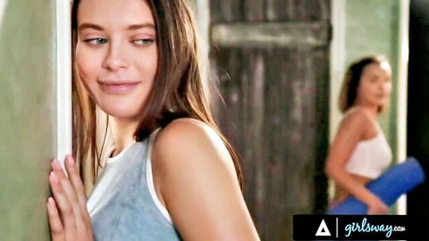 Lana Rhoades peeks seductively with Dillion Harper in yoga attire, roommates tease
